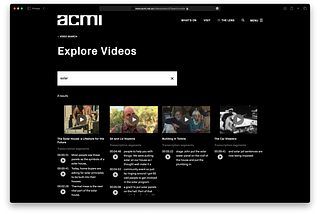 A screenshot of the results page of the ACMI video search, showing results for the query “solar” including segments of the text that include that query from the video transcription.