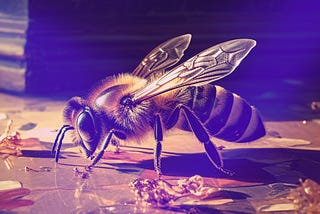 A honey bee on the floor in the midst of a broken cup and spilled honey tea.