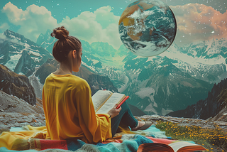 MidJourney V6.1 May Be Renamed to V6.5; New ‘Style Space Explorer’ in Development! A Comprehensive Recap of MidJourney’s Weekly Office Hours (May 29, 2024), photo of woman reading book on picnic blanket in the moonlight, background is mountains and sky with stars, pink and yellow, a big circle of planet earth floats above the mountain range, surreal collage in the style of surrealist artist Navya Chaitama, AI image generated on MidJourney V6 by henrique centieiro and bee lee