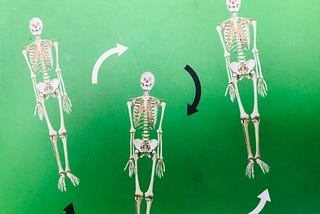 The image shows the book cover of Murakami’s book Dance Dance Dance, which features three white skeletons on a green background with arrows around them that indicate movement.