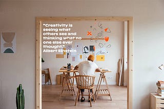 “Creativity is seeing what others see and thinking what no else ever thought” Elbert Einstein Image of a young man being creative. (Stock image with IdeaTrapp illustrations.
