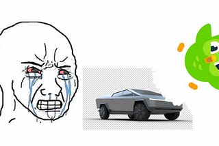 Crying Wojak meme watched Duo flying off the bonnet of a Cybertruck
