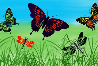 Vibrantly colored butterflies and dragonflies flit gracefully above lush green grass against a bright blue sky. The scene captures the lively essence of nature with vivid contrasts and dynamic movement.