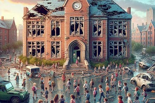 A school building with broken windows and school children surrounding the school