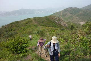 A few hikers are coming up towards a hilltop. Green trees and bushes are lining the trail. Blue harbor and mountains are in the distance in the back.