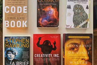 The 6 books  laid out on a table.