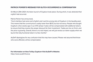 AuDeFi’s Press Release: Patrick Poirier’s Message for Glitch Occurrence & Compensation