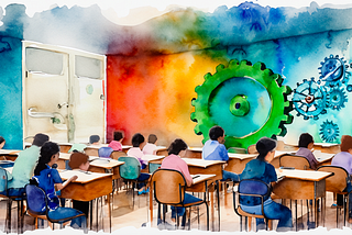 A watercolor illustration of a classroom of students facing a of gears, representing a system in motion.
