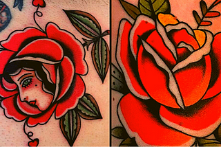 a picture of traditional red rose tattoos on someone’s skin