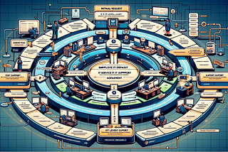 Illustrative diagram of an IT support process. The image depicts a detailed and stylized flowchart, laid out in concentric circles and connecting pathways, resembling a complex circuit board. Each circle represents a different level of IT support, starting with ‘Initial Request’ at the center and expanding outwards to ‘Text Support’, ‘Employee IT Depart’, and ‘IT Service IT Support’. The outermost circles include ‘Technical Support’.