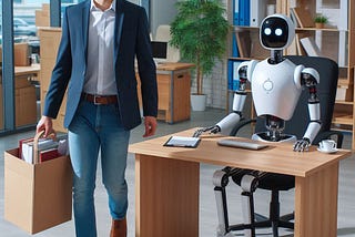 A man walking out of an office with a box of belongings being replaced by a robot at his desk