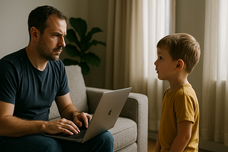 a dad working on his laptop, ignoring his young son