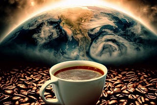 A cup of coffee on a ground of roasted coffee beans against a background of a scorching world.