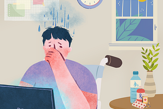 An illustration of a person looking tired, sitting in a wheelchair at their computer with a figurative rainy cloud above their head, a window with a night sky outside, a wall clock showing 3am, a board filled with sticky notes at the back, and their medicines and a houseplant at the corner.