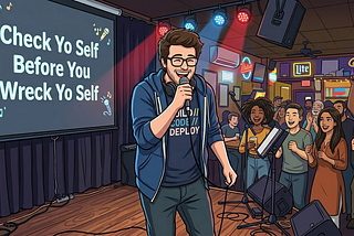 A cartoon illustration of a joyful man singing karaoke on a stage in front of a crowd of people, with the screen displaying “Check Yo Self Before You Wreck Yo Self.”