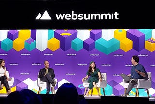 ‘Desert island book shelf’ panel at Web Summit’s Book Summit — Francesca Specter, Fred Destin, Sophia Smith Galer, and James Ball