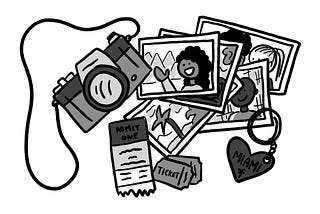 Illustration of camera, photo prints, ticket stubs and souvenir keychain.