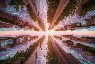 A futuristic city skyline where the buildings are constructed from living wood and transparent leaves
