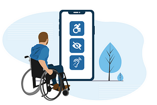 Learning about web accessibility. Graphic of man looking at accessibility logos on smartphone.
