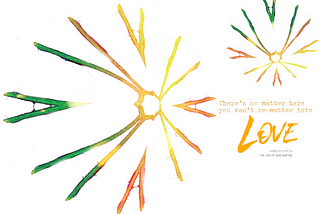 Hand drawn digital art: starbursts of vivid green, orange and yellow light highlight a book quote: “There’s no matter here you can’t re-matter into love.” From THE LOOK OF AMIE MARTINE, speculative fiction by Laurie Perez