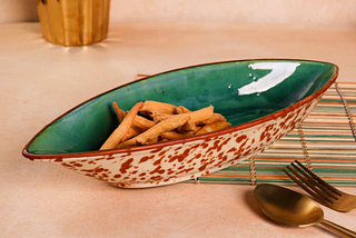 Peacock Green Hand Painted Mosaic Boat Serving Bowl