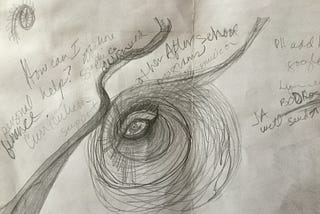 Pencil drawing and notes scribbled on a piece of white paper. Central image is an eye in the middle of a spiral.