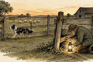 A sheepdog confidently patrols a farm fence while, nearby, the farmer quietly inspects one overlooked corner with a lantern—an illustration of trusted routines backed by occasional careful verification.