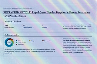 Image of the “access & citation” metrics of “RETRACTED ARTICLE: Rapid Onset Gender Dysphoria: Parent Responses on 1655 Possible Cases” by Suzanna Diaz and J. Michael Bailey. The article is shown to have been accessed 100K times and received 0 citations. Media attention has come in the form of 5066 tweets, 93 news mentions, 25 references on Mendeley, 3 blog posts, and 1 video upload. The article is in the 99th percentile of the 400K tracked articles of a similar age in all Springer journals.