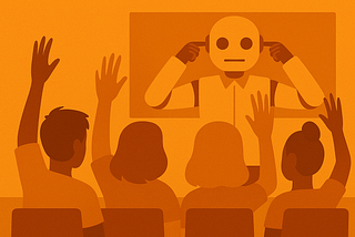Silhouetted digital illustration in orange tones depicting a classroom where four students raise their hands while a humanoid robot at the front covers its ears. The robot symbolizes AI’s refusal to engage with student voice or dialogue.