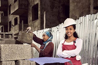 Two beautiful East African females helping with construction site