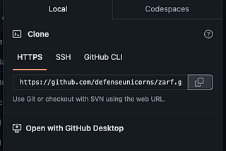 Screenshot of the Clone menu in github with the URL for the zarf repository.