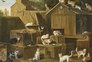 AI-generated painting an outdoor space resembling an English barn with several dozen grotesque cats. -Eerie because it is looks almost real but is also not really lifelike.
