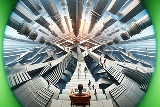 Here is a wide-angle image created using a three-point perspective, depicting a surreal VR landscape from the viewpoint of a person sitting in a chair. This environment features architecture, staircases, and platforms extending in various directions, including upwards and downwards, around the viewer. People move along these paths in different gravitational directions, creating a dynamic and complex environment. The three-point perspective adds dramatic depth and scale, effectively challenging t