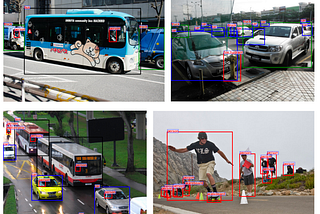 Quatre photographies : un bus, un parking, une autoroute avec des voitures, plusieurs personnes en train de faire du skateboard. Dans chaque image, chaque objet (voiture, personne, bus) est entouré d’un cadre de couleur et comporte une étiquette qui définit l’objet.