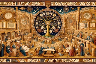 “Embracing the Graphical Tapestry of Data” in the style of Renaissance artwork, capturing the intricate relationship between ancient wisdom and the modern understanding of data within a grand library setting. Each image portrays scholars in deep discussion over various data visualizations, surrounded by the rich textures and light of a Renaissance environment