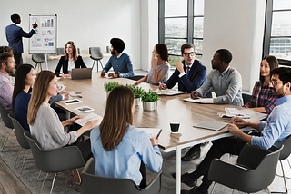 A group of people sitting around a table discussing in a modern office setting.