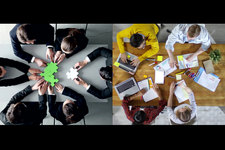 An image showing collaboration and cooperation side by side. The cooperation image shows people working on a puzzle, while collaboration image shows people brainstorming together.
