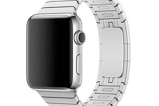 The Apple Watch on its stainless steel bracelet