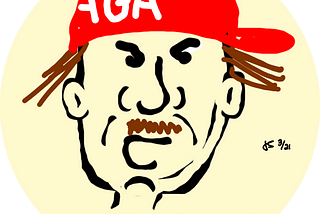 Face of red baseball hat wearing man declaring “Hello Arkansas!” Illustration by Jeff Stilwell.