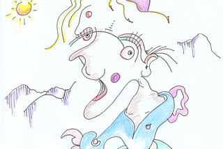 An abstract drawing of a person inside a coffee cup with mountains in the background.