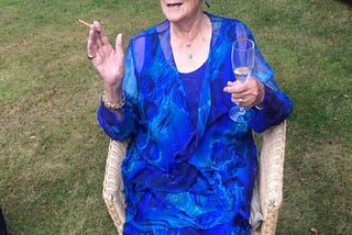 Granny in her iconic blue wedding outfit that she wore to every grandchilds wedding