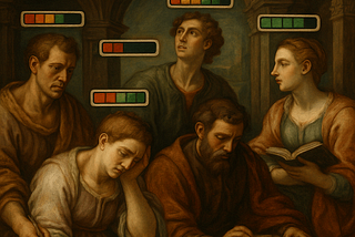 A Renaissance-style scene of five figures in quiet study, each with a visible mental progress bar above their head — some nearly full, others drained — capturing the invisible weight of cognitive load in modern software.