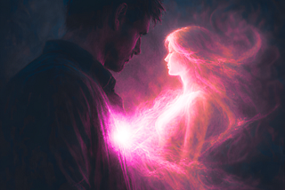 Artwork showing an angelic soft-pink light of a woman’s sillhouette emerging from the heart of a man in darkness