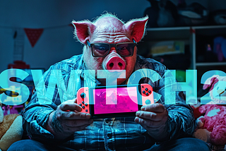 a mocking AI generated image of a pig holding a nintendo switch