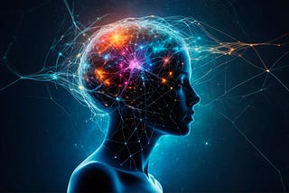 A silhouette of a woman in darkness, showing electrical signals both in her brain and shooting out from it.