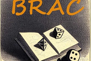 Le logo de BRAC : une gravure d’un livre ouvert sur lequel divers dés sont posés, avec le mot BRAC en orange au-dessus