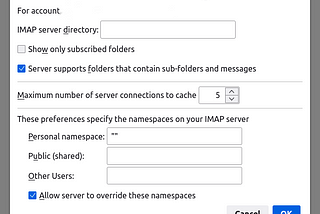 screenshot showing thunderbird server settings