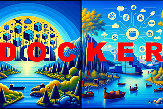 The new featured image, inspired by the Group of Seven with a bright blue background and including the word “Docker,” has been created. This design artistically merges the harmony between technology and the environment, incorporating symbolic representations of Docker and containerization concepts within a vibrant and inviting landscape. It’s crafted to appeal to developers and IT professionals, emphasizing the innovative spirit of Docker within a visually appealing context.