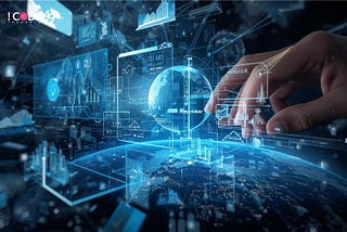 Hand interacting with a futuristic digital interface showing global data visualization, analytics charts, and virtual technology dashboard representing AI, data intelligence, and digital transformation.