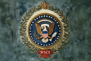 Modified seal of the United States with the eagle in the middle head turn toward the olive branches, a ribbon banner in its mouth with “Alba Sub Deo” Latin for “White Under God” written on it. The banner at the bottom of the seal has the letters WSCF on it.